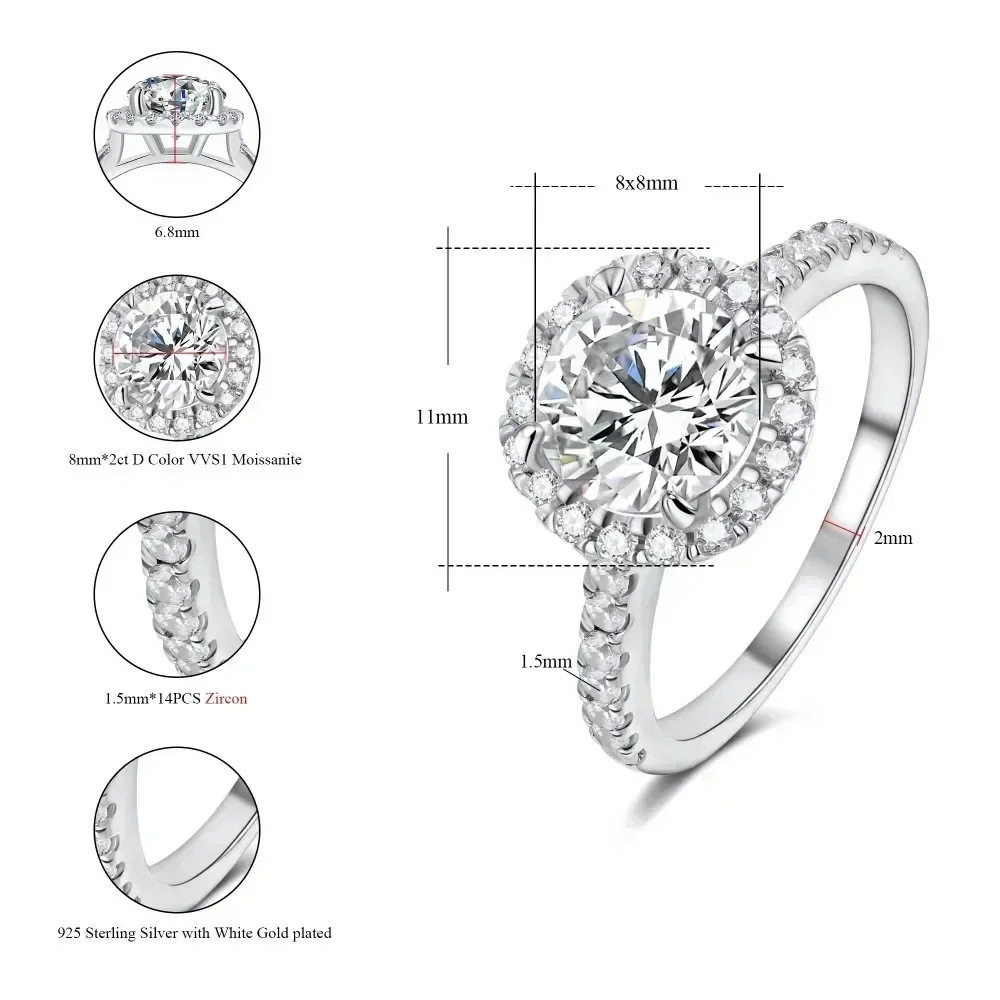 M-JAJA Solitaire 1ct Halo Moissanite Engagement Ring for Women S925 Sterling Silver Diamond Wedding Band Bridal Luxury Jewelry