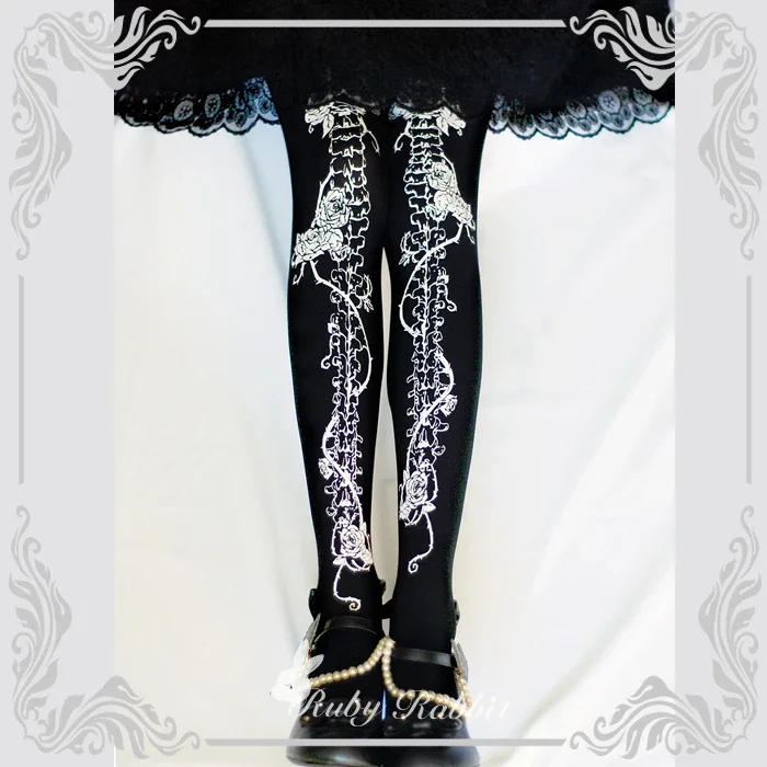 Original Jirai Kei Lolita Print Pantyhose Ladies 2024 Fall New Sweet Black Rose Bone Generate Color Leggings Pantimedias Mujer image 2