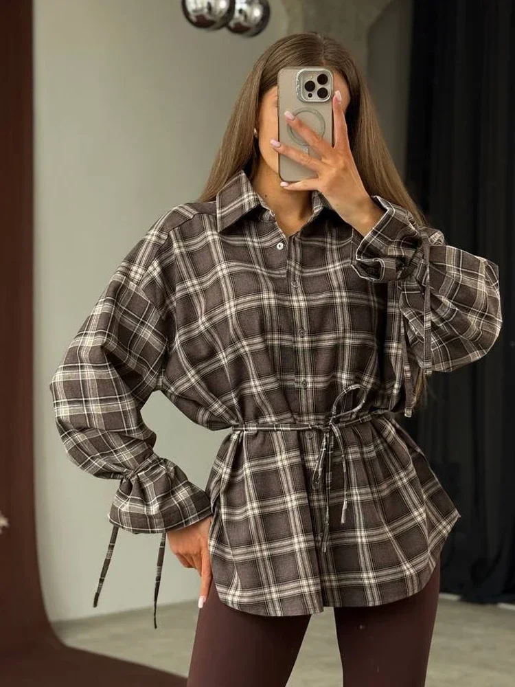 Women's Plaid Loose Blouses Long Sleeve Women Drawstring Single Breasted Fashion Spring Vintage Outerwear Female Casual T-Shirt