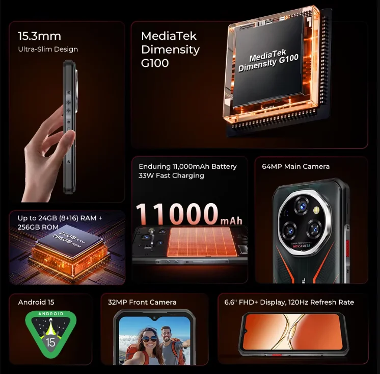 Oukitel WP55S Rugged Smartphone MTK G100 12GB+512GB 11000mAh Android 15 6.6'' FHD+64MP Camera Cellphone