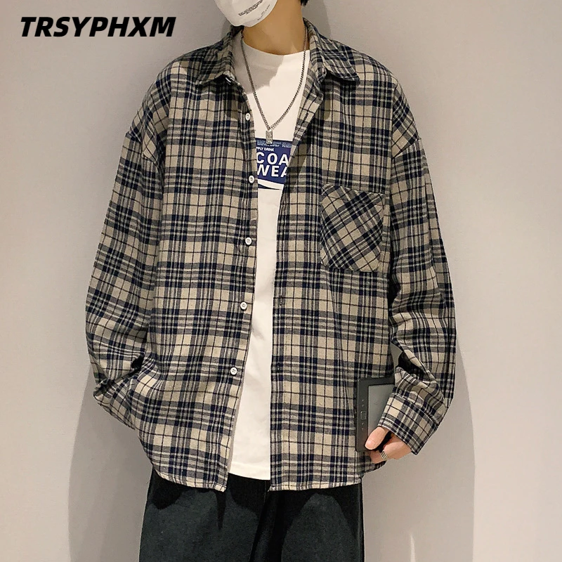 

TRSYPHXM 2024 new American retro checkered shirt men's long sleeved trendy casual shirt autumn cool top coat