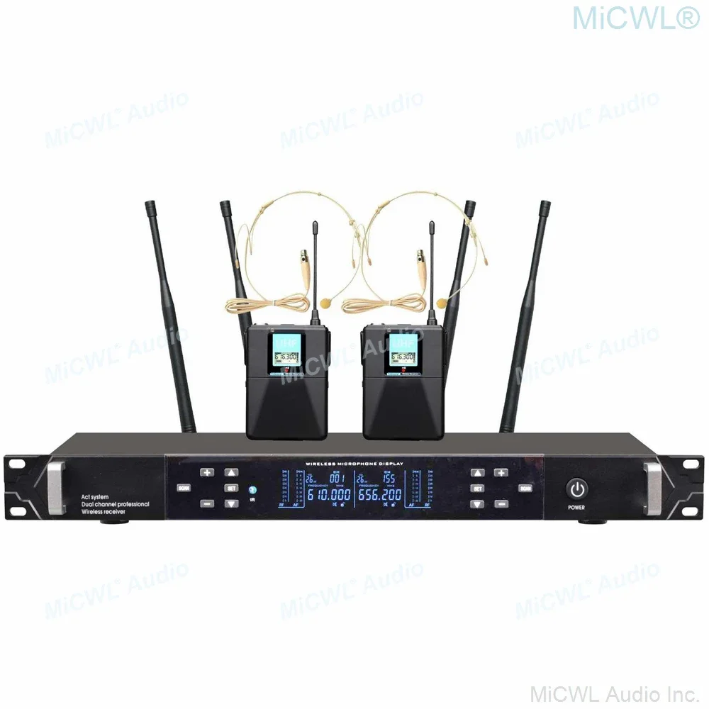 

MiCWL ACT-702 UHF True Diversity сценическая беспроводная микрофонная система 2, бежевая гарнитура, два металлических ручных динамических микрофонов