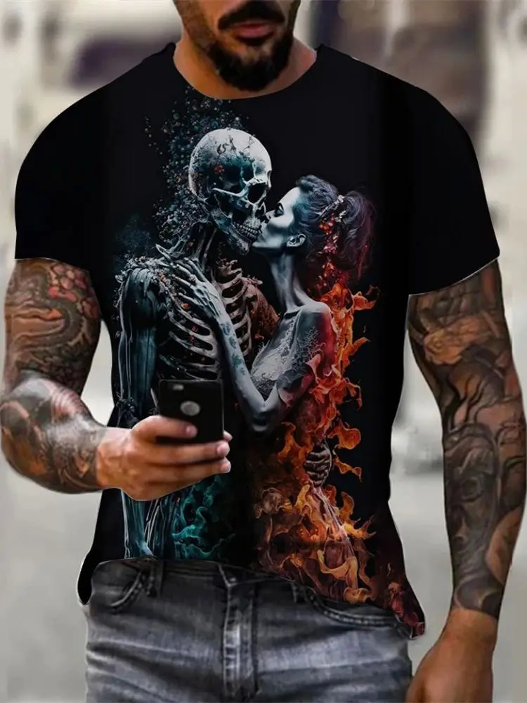 

Men's Skull Pattern 3D Printed T-irt ort Sve Slim Fit Spring Faion Casual Print Design Youthful Sle Henry Collar