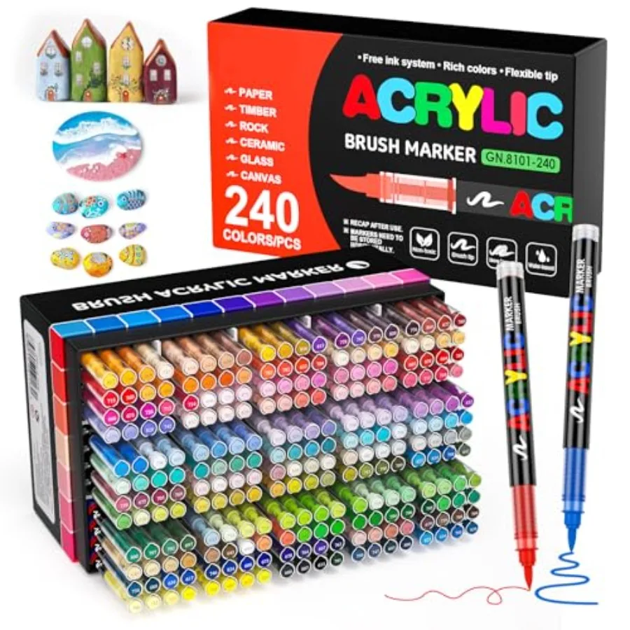 

Acrylic Paint Markers Colors, Brush Tip Markers No Bleed with Automatic Ink Control, 30% More Ink, Water-Based Coloring Markers