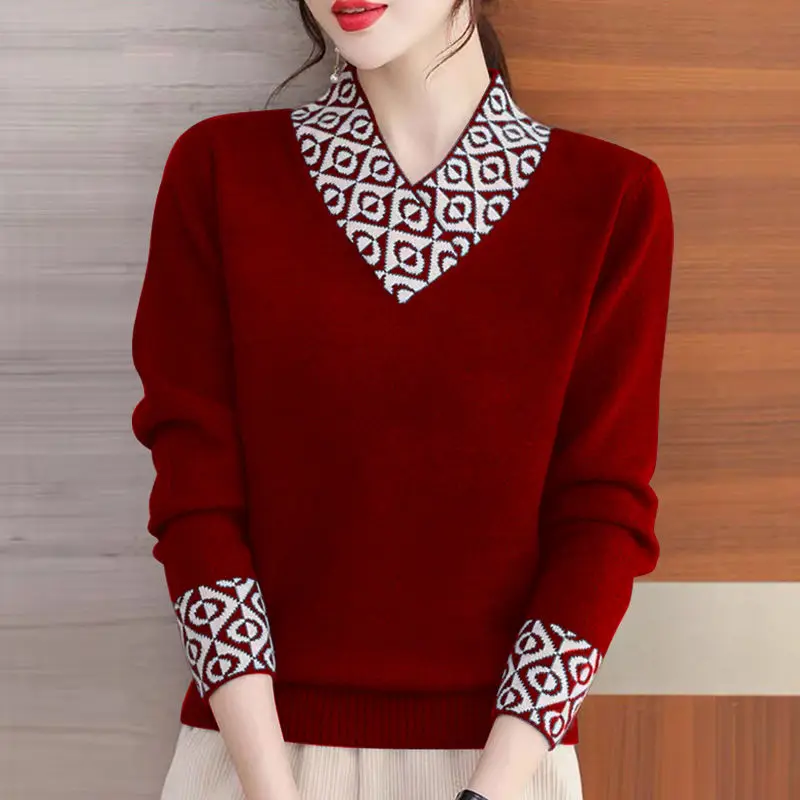 Korean Fashion Panelled Knit Sweaters All-match Women Clothing Long Sleeve V-Neck Spring Autumn Bottoming Loose Casual Pullovers