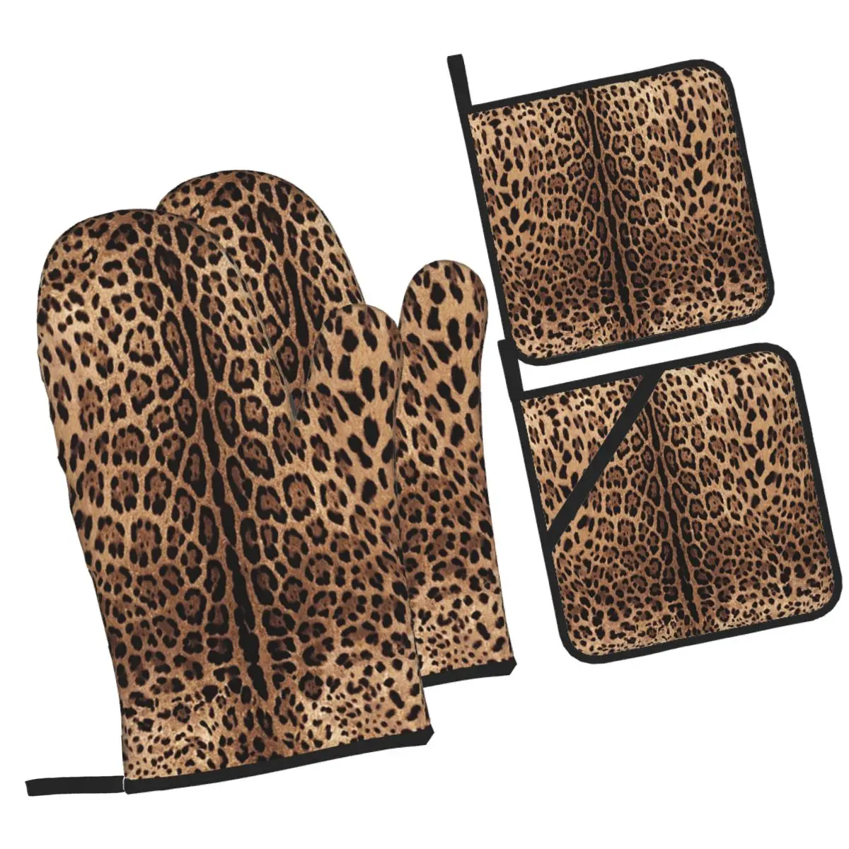 Leopard Print Skin Oven Mitts and Pot Holder Sets of 4 for Baking Kitchen Cooking BBQ Resistant Non-Slip Gloves