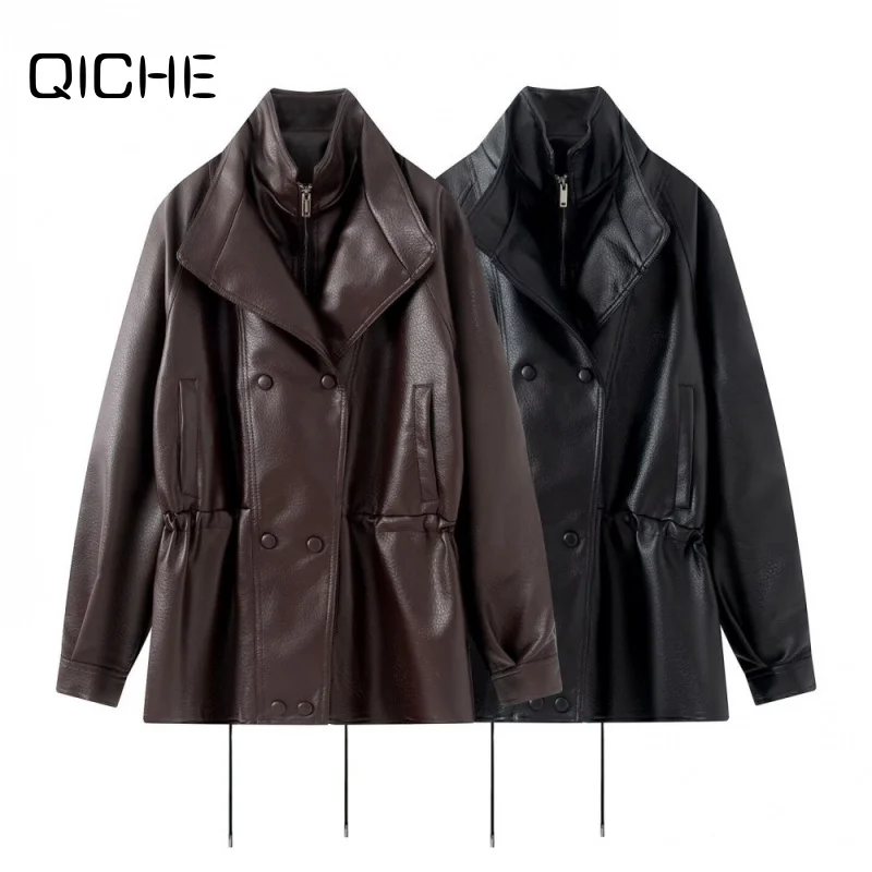 QICHE Women Stand Collar Waist Cinch Outerwear Autumn Hot Sale European Style Mid Length Double Breasted Faux Leather Jacket