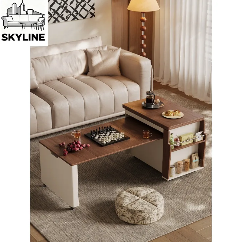 Solid wood movable coffee table telescopic lifting folding small apartment living room cart new