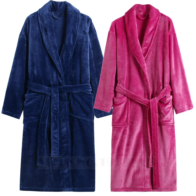 Thicken Flannel Hooded Long Robe Couple Sleepwear Lounge Wear Winter Warm Bathrobe Nightgown Loose Coral Fleece Plaid Homewear