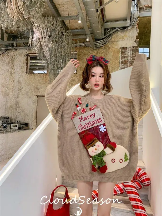 Korobov Vintage Christmas Sweater Lazy Thicken Pullover Coat Autumn Winter Cartoon 3D Decoration Knitwears Fashion Sueter Mujer