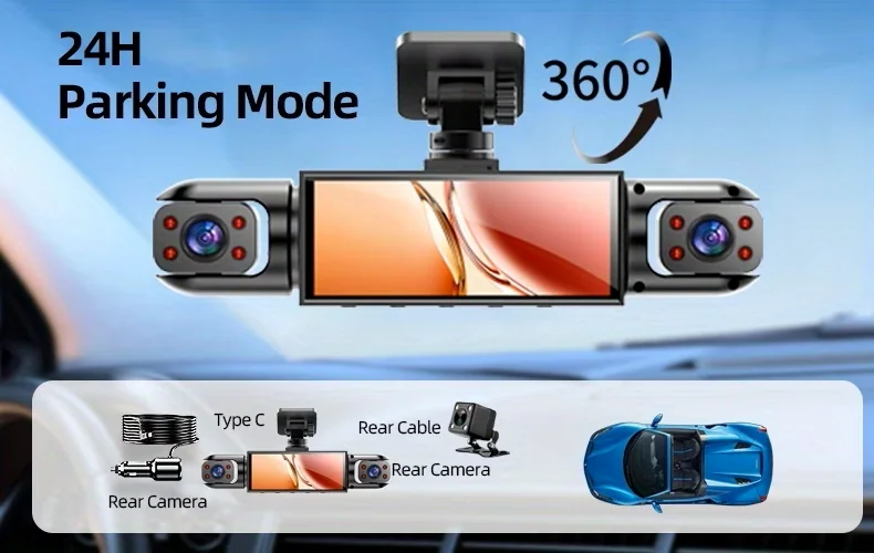 BCUOZ 4-Lens 360° Dashcam, 1080P Front + 720P Built-in Rear Left and Right car cameras, Super night vision, Loop recording, G-Sensor, WDR, 12-24V car plug power supply,Optional 64GB memory card.