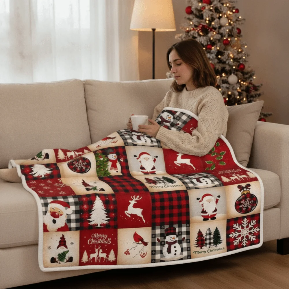 Flannel Christmas Theme Blanket Elk Pattern Warm Single Throw Blanket Skin-friendly Santa Claus Snowman Sofa Throw Bed
