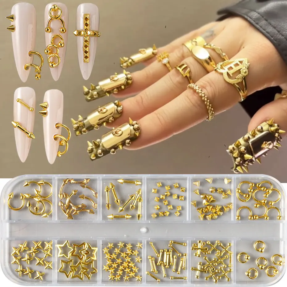 12 Grids Y2K Silvery Golden Punk Alloy Nail Charms Metal Rivets Punk Style Pierced Rivets Nail Decor Korean Manicure Accessories view 3