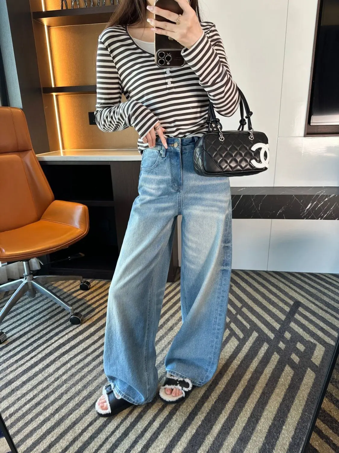 High Waist Wide Leg Retro  Mustache Washed Embroidered Denim Jeans Women's Loose Fit Straight Long Pants Autumn New Style