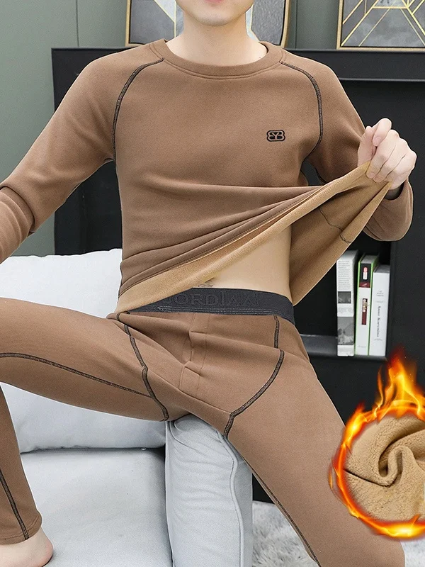 

2026 New Men's Fleece Lined Warm Underwear Set Teenage Inner Wear Grp round Neck Long Sleeve Sweatshirt And Long Pants Two Piece