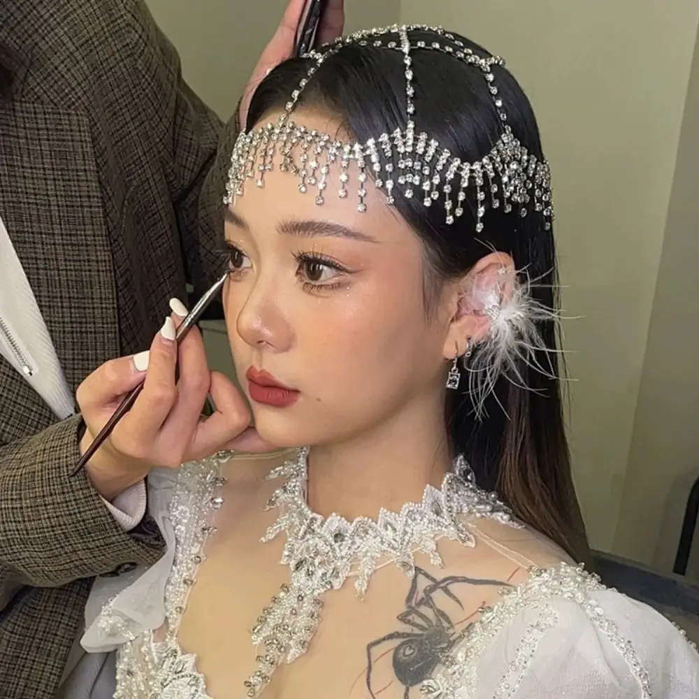 

Performance Show Crystal Rhinestone Hairband Luxury Bride Wedding Starry Shiny Head Chain Tassel Mesh Boho Headband