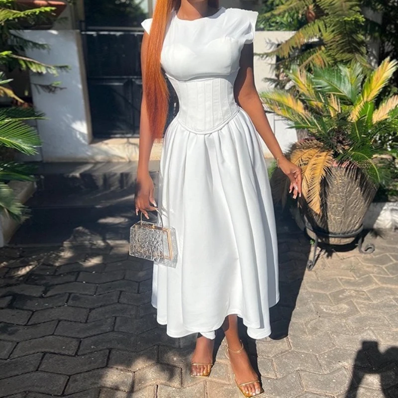 

Women's Short Sleeve Solid Color High Waist Long Maxi Dress O Neck Ankle Length Summer Casual Dress 2025