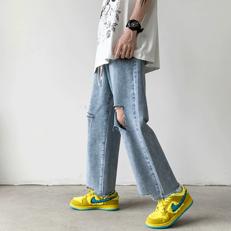 

2023 Summer New Men Hole Jeans Burrs pants Elastic Waist Male High Street All-match Students Casual Straight Denim Pants