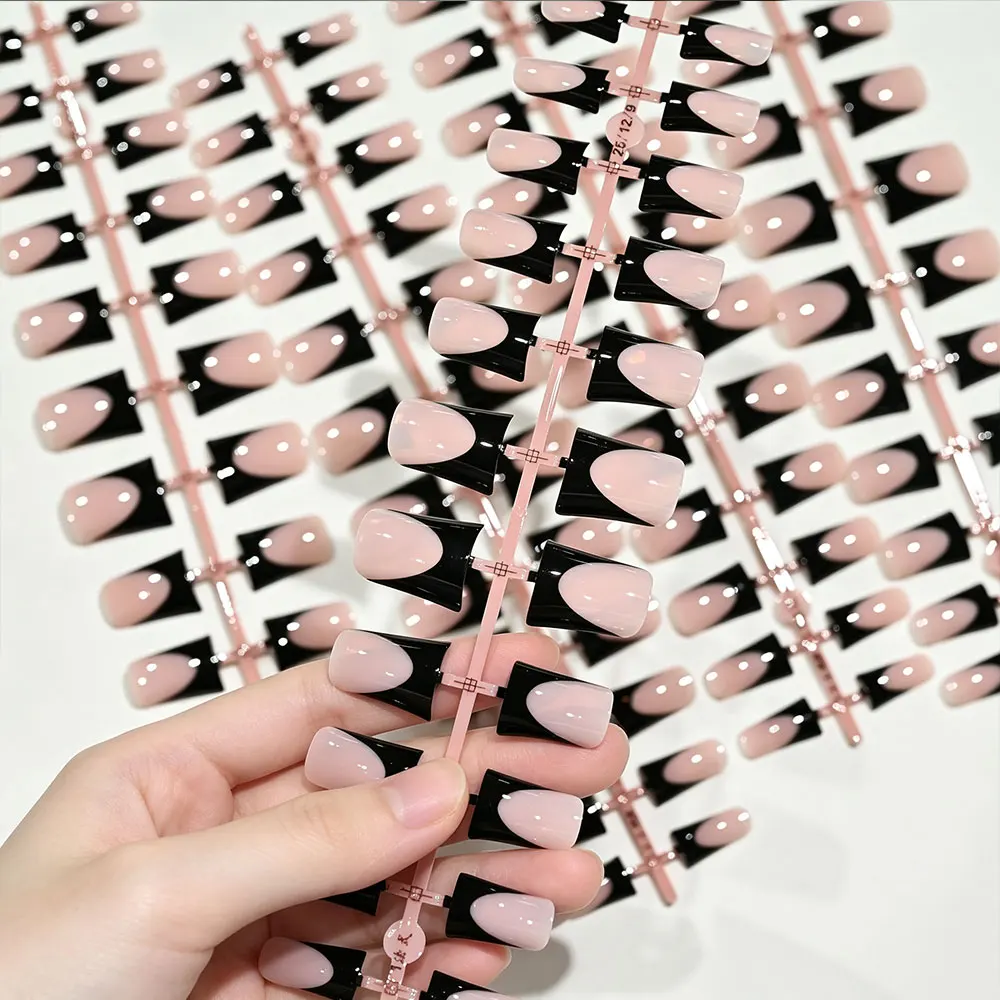 120 Stück glänzend schwarze französische Entennägel, Nude Medium Enten-French-Tips, Press-on-Nägel, 12 Größen, vollständige Abdeckung, wiederverwendbare Kunstnägel – Detail 7