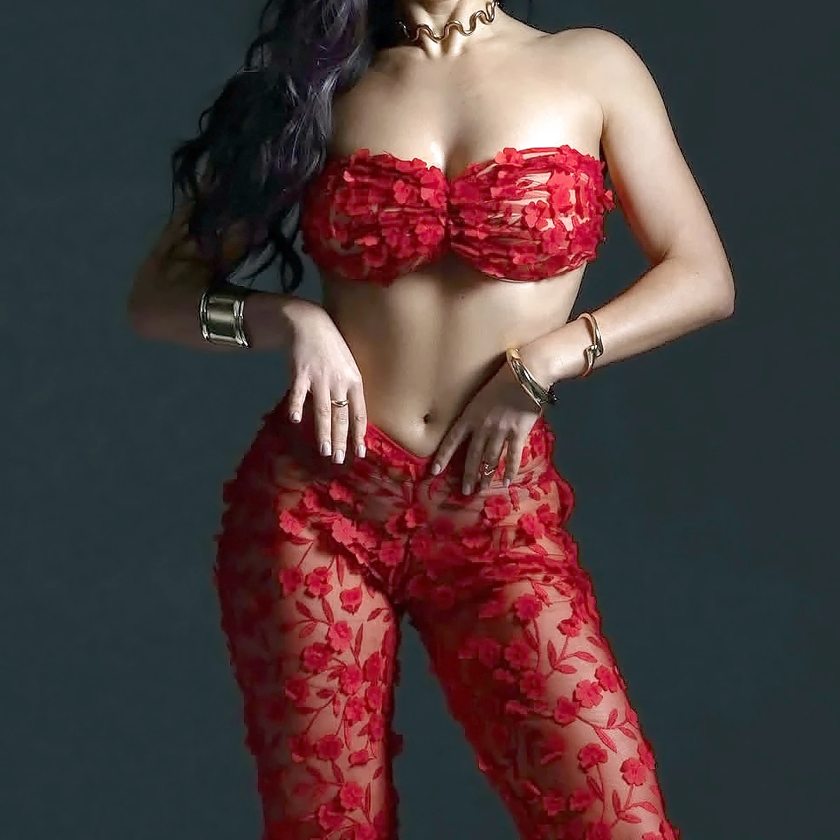 

European and American new red three-dimensional flower perspective design sexy fishtail underwear set three piece set