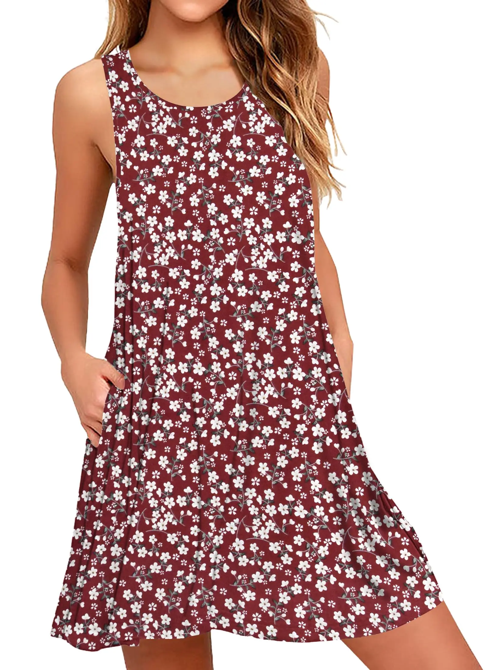 Damska sukienka bez rękawów z kieszeniami Bohemian Print Casual Dress Modna, luźna, temperamentna, modna sukienka midi bez rękawów