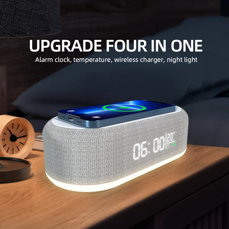15W Wireless Fast Charger LED Night Light Temperature Time Alarm Clock Desk Table Charging Multifunction Lamp