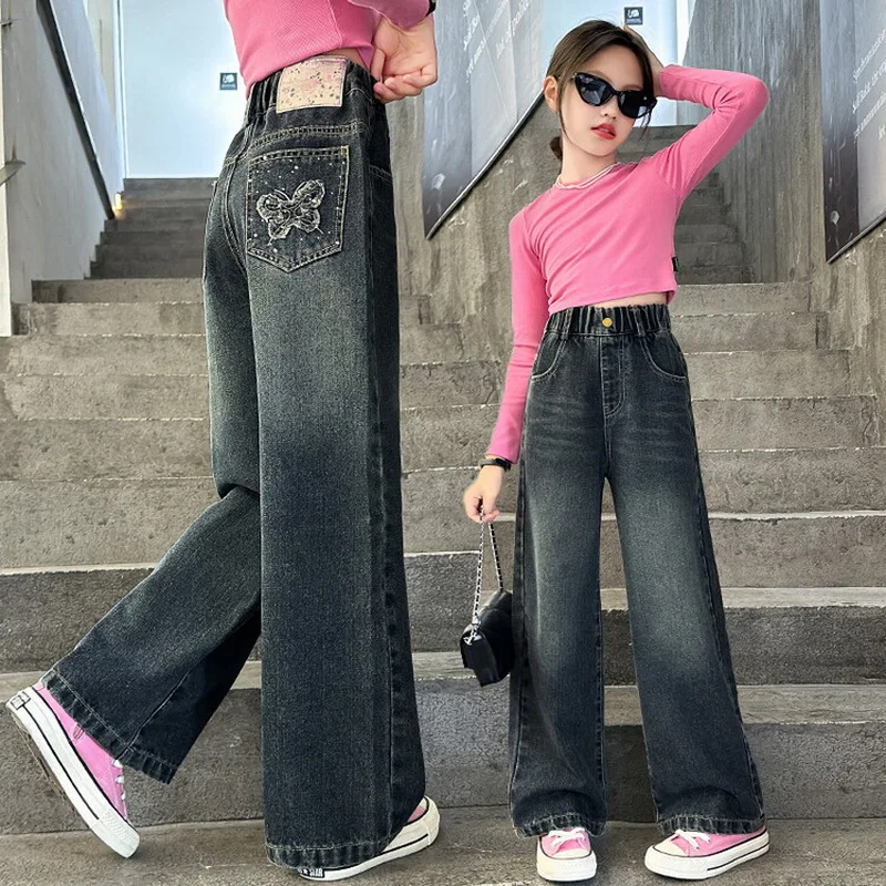 Girls Pocket Butterfly Jeans Children's Clothing Spring Autumn Teenager Kids Denim Pants 5-14 Years Wide-leg Pants School Girls