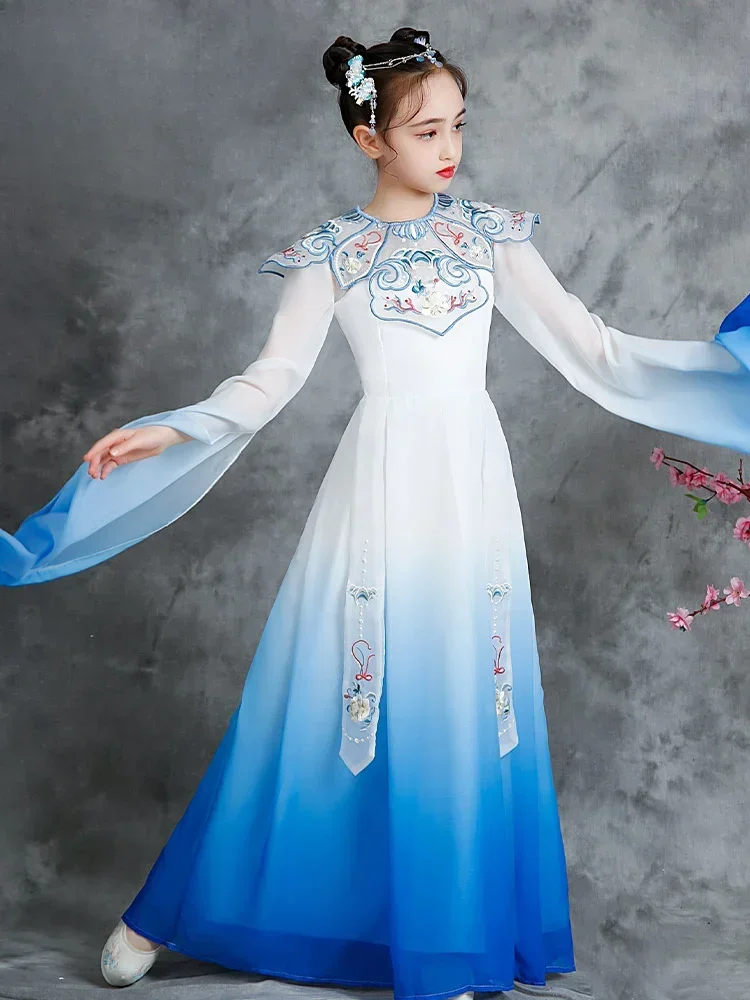 중국 스타일 Hanfu Guzheng 공연 어린이 고전 무용 의상 소녀 공연 드레스 파란색 흰색 도자기 드레스