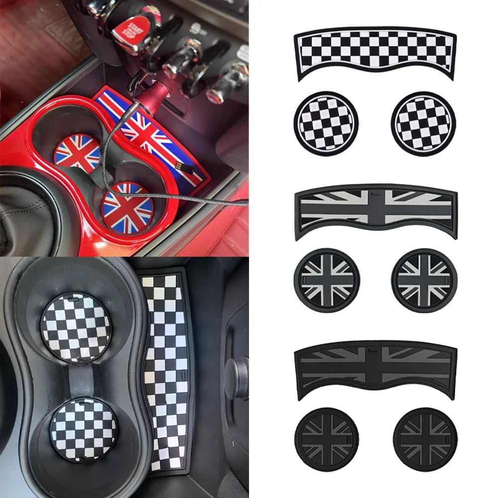 3PC Black Night Union Jack Water Cup Mat Storage Groove Mat For Mini S JCW Countryman F60 LCI 2017 2018 2019 2020 2021 2022 2023