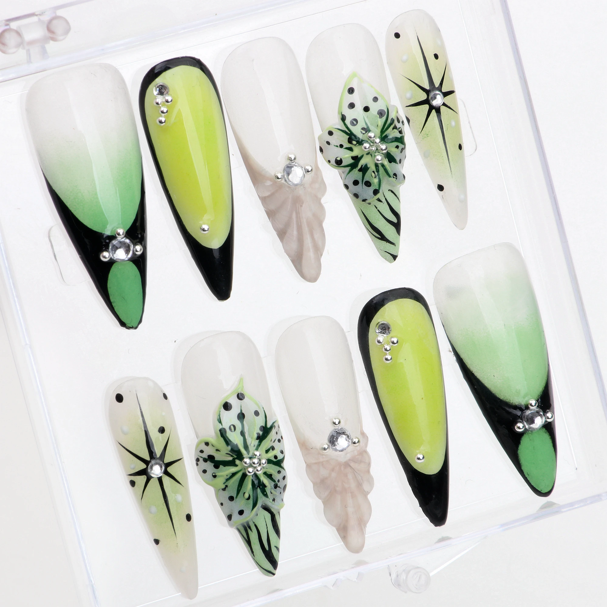 10Pcs Green 3D Floral Press Custom Almond Nail Handcrafted French Tip Long Stiletto Nails Free Style Christmas and Holiday Flor