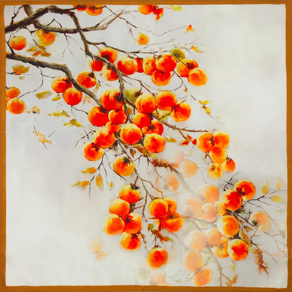 

Шелковый платок для женщин 85 см, 100% натуральный шелк, с принтом хурмы и осенних фруктов, квадратный хиджаб, подарок для бабушки, носовой платок