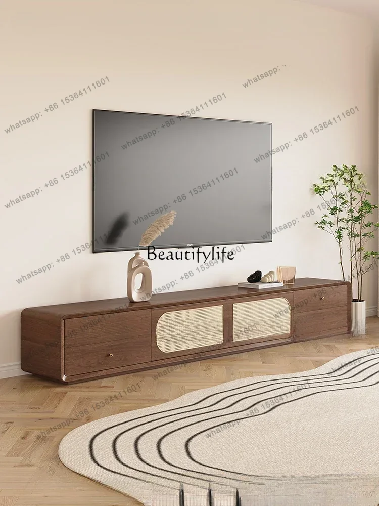 Customization Rattan Solid Wood TV Cabinet Chinese Ancient Style Floor Walnut Color Modern Minimalist Floor Cabinet