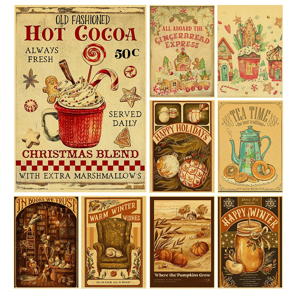 Carteles de postre de cacao de Navidad Retro, imagen de Arte de Vida Vintage, lienzo, oficina, cafetería, regalos de decoración del hogar, pintura