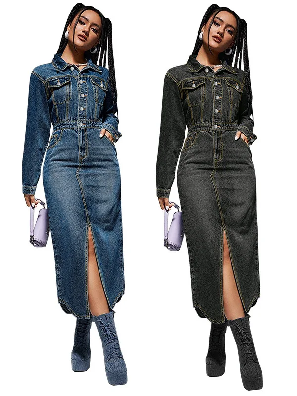 

Джинсовое платье Longsved с разрезами, длинным рукавом, высокой талией, в британском стиле, весна-осень, женское, повседневное, с воротником