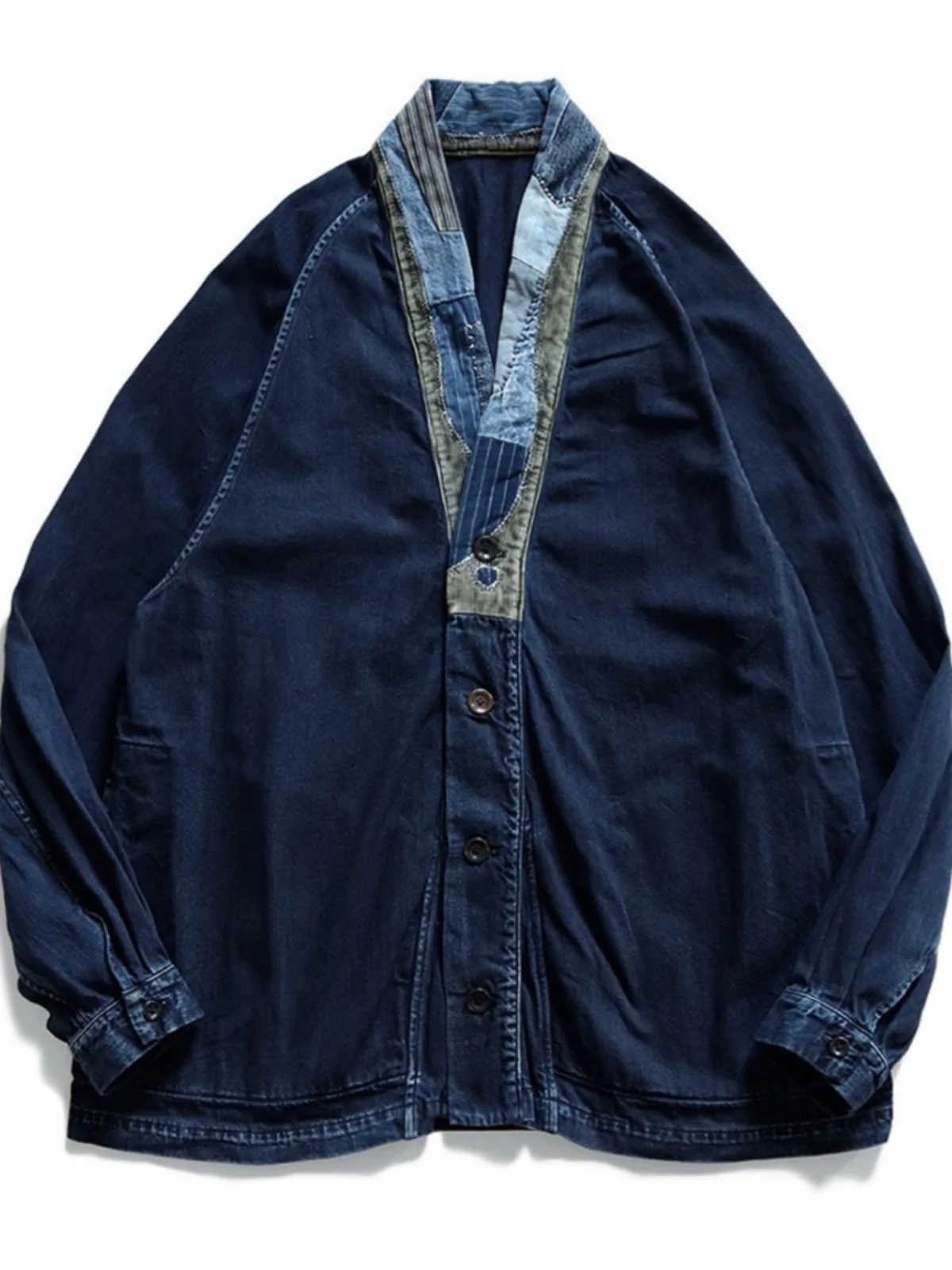 

KAPITAL 24SS Japanese Sle Retro Wax Dye Patchwork Distred Long Sve Dao Pao Jaet Loose Fit Denim irt for Men