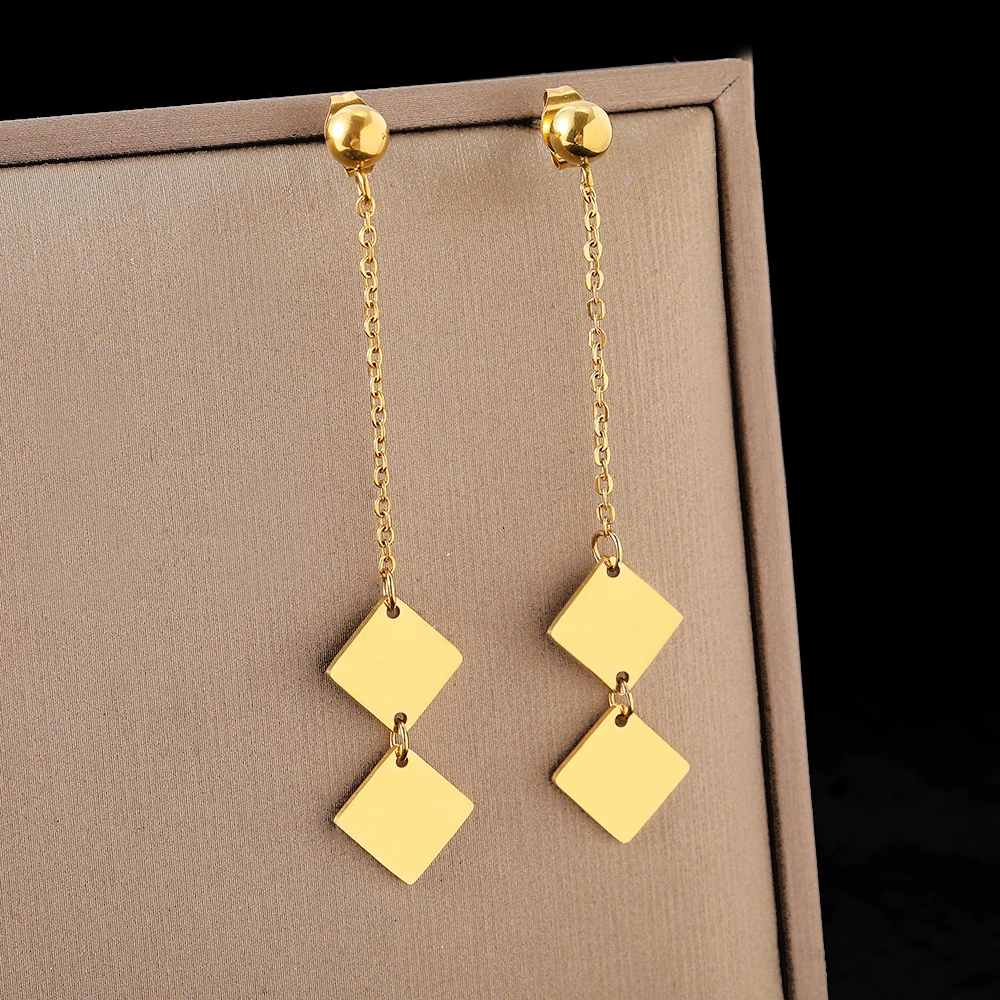 Stainless Steel Earrings Geometry Rhombus LongStyle Tassel Dangle Earrings Temperament High-end Sense Earrings For Women Jewelry