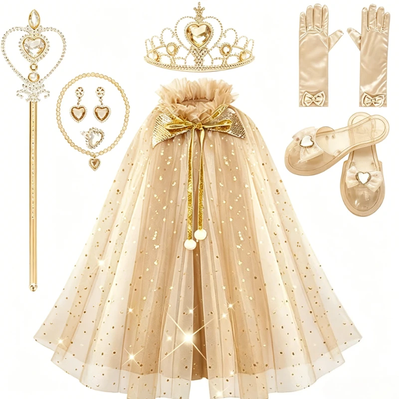 Winter Fairy Sequined Blue Tulle Cape Cosplay Outfit Kids Heart Crystal Scepter Matching Jewelry Long Bow Gloves Princess Shoes - view 5