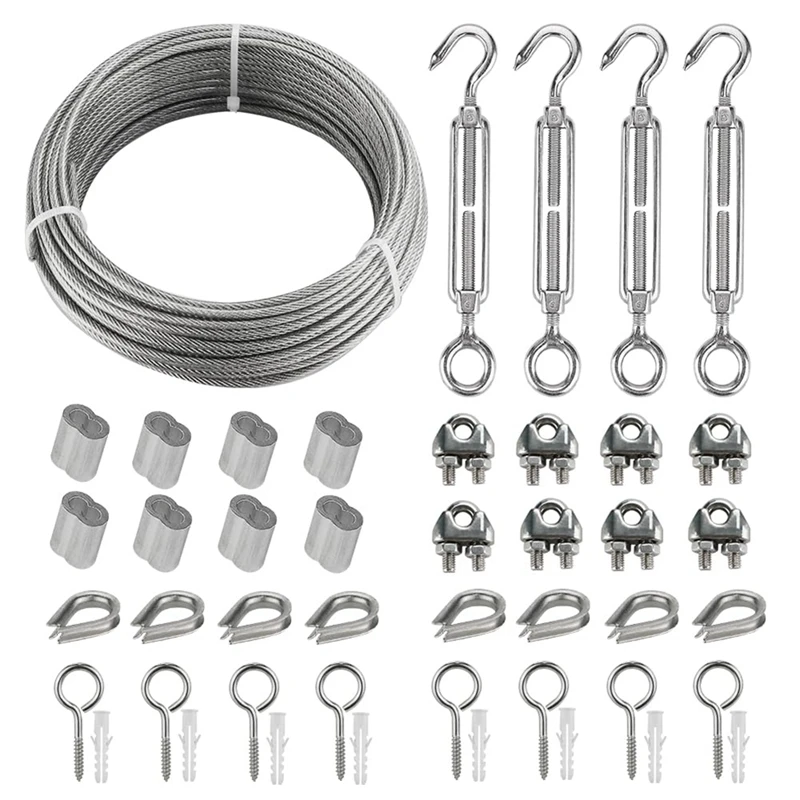 20M Stainless Steel Kit, 3MM Sorting Helps Tighten Rope Wear with M5 Stainless Steel Rope Clamp R