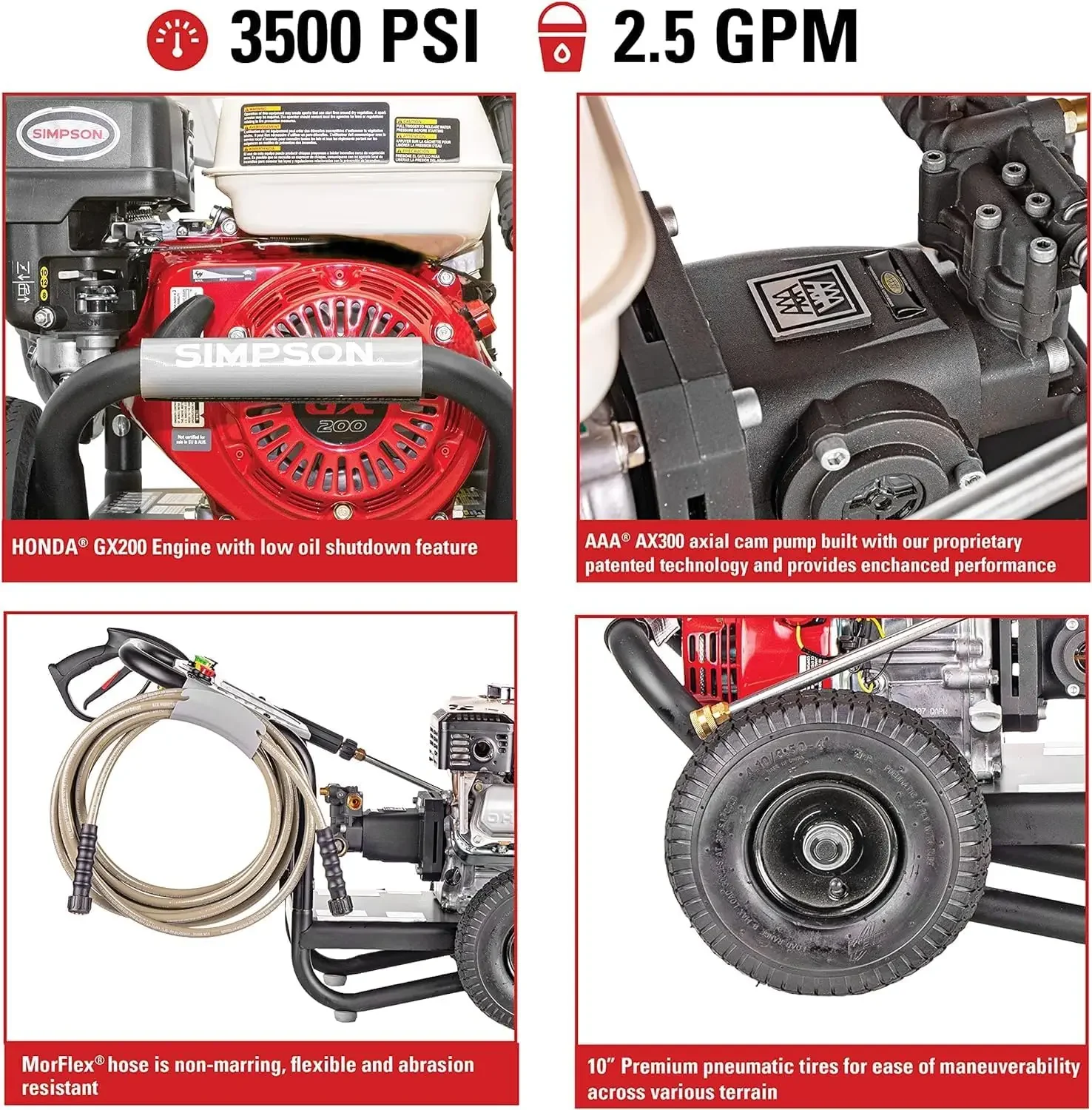 3500 PSI at 2.5 GPM Honda GX200 with AAA AX300 Axial Cam Pump Cold Water Professional Gas Pressure