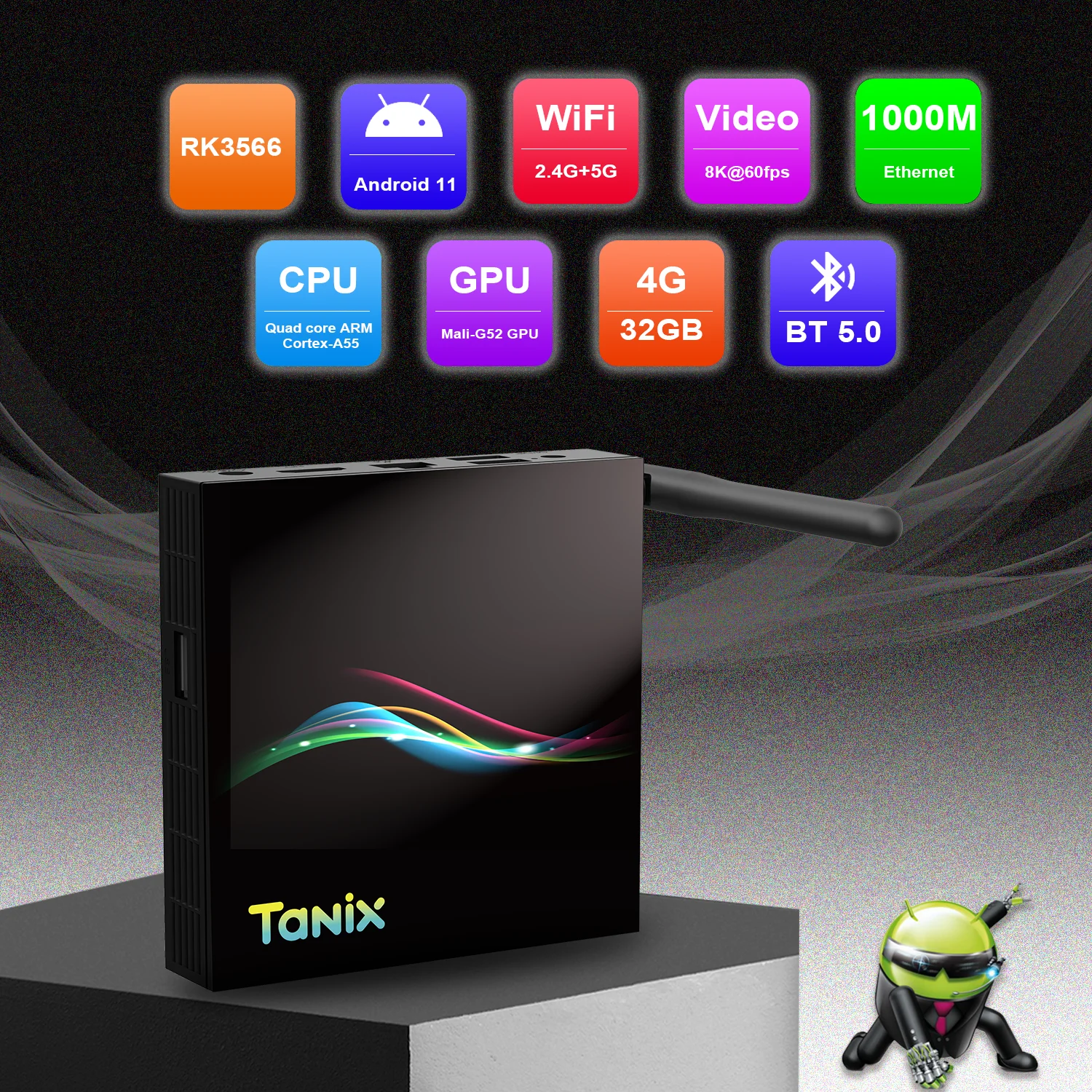 Original Tanix TX66 TV Box Android 11.0 RK3566 4GB 32GB 1000M LAN H.265 AV1 BT5.0 2.4G 5G Wifi 8K HDR Media Player Set Top Box