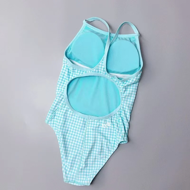Amber Gold-Stamped Professional Training Swimsuit Women's Double-Layer Competitive Triangular Design with Chest Pad round Neck