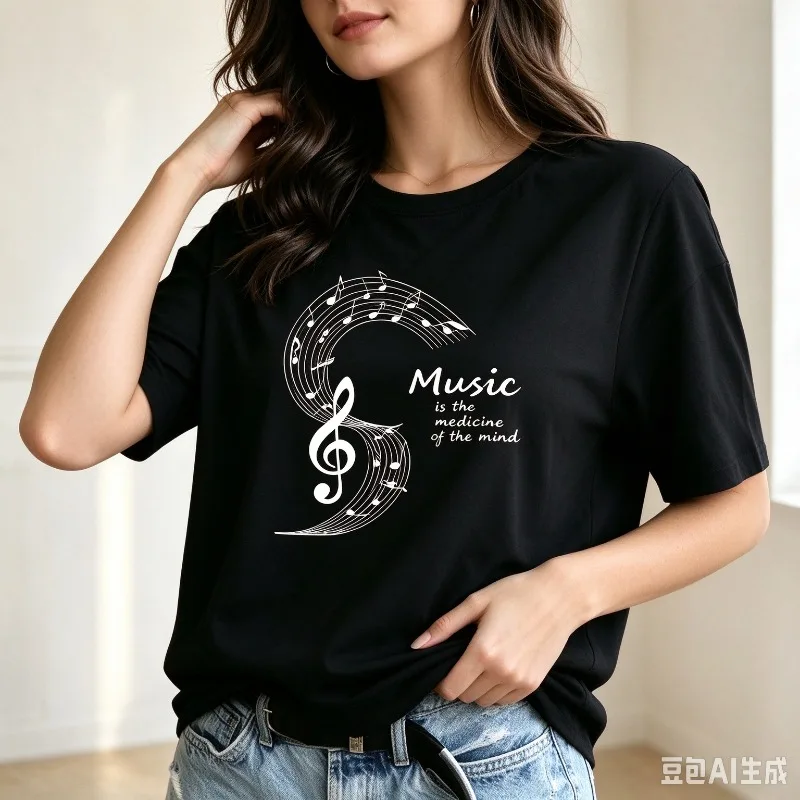 Women Music is the Medicine of the Mind T Shirt Music Notes Treble Clef Print Modal Tee Casual Short Sleeve Top for Daily Office