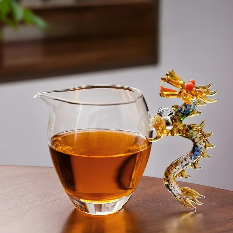 PhoenixDragon Glass Teapot Fairness Cup Heat Resistant Transparent Blue Red Celestial Design Luxury Tea Ceremony Pouring Pitcher