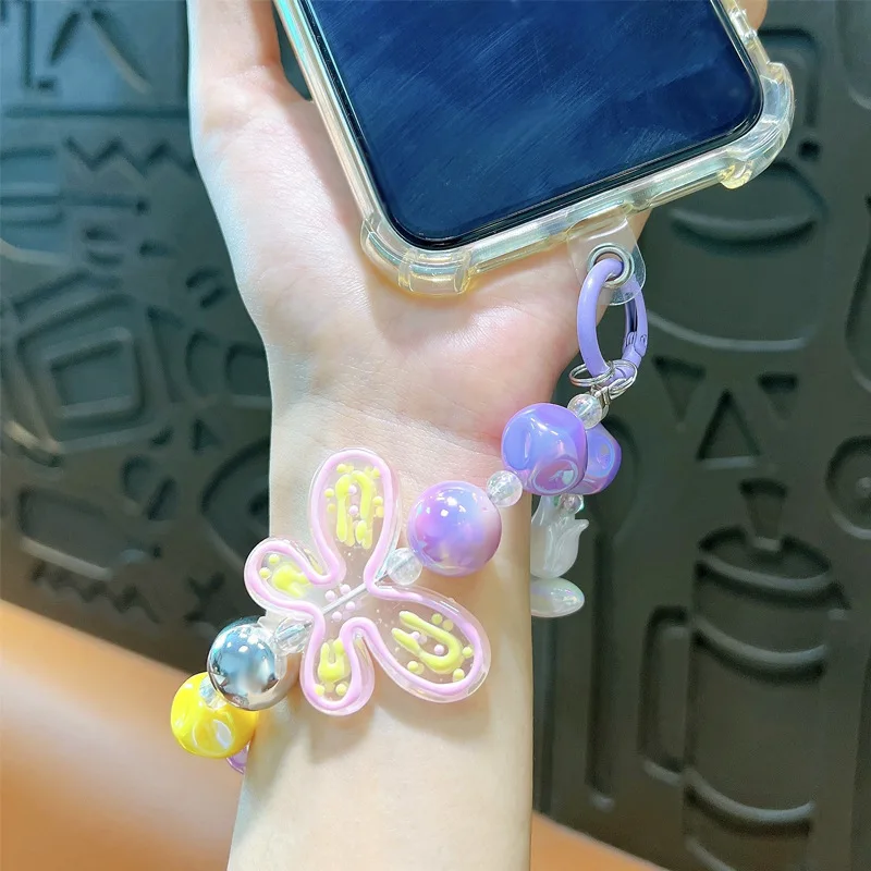 Creative Hand-painted Butterfly Tulip Beads Keychain Lovely Exquisite Irregular Beaded Bracelet Mobile Phone Chain Keyring Gifts