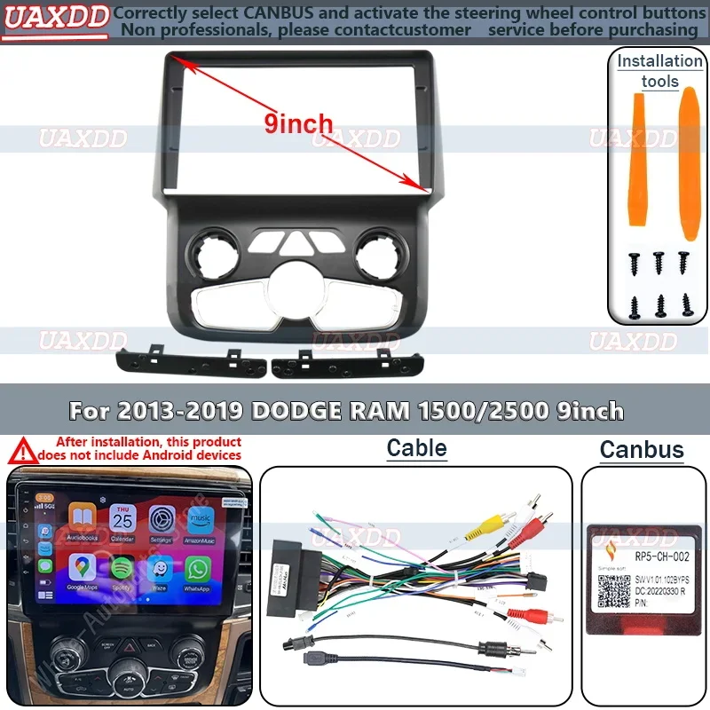 2 Din Car Android frame FOR 2013-2019 DODGE RAM 1500 2500 9INCH Kit panel Center fascia cable harness adapter decoder canbus box