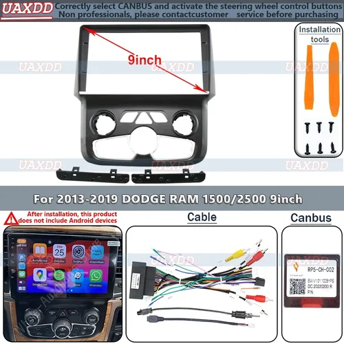 Imagen 1 del producto Marco Android para coche de 2 Din para 2013-2019 DODGE RAM 1500 2500 Kit de 9 pulgadas panel adaptador de arnés de cable de fascia central decodificador caja canbus