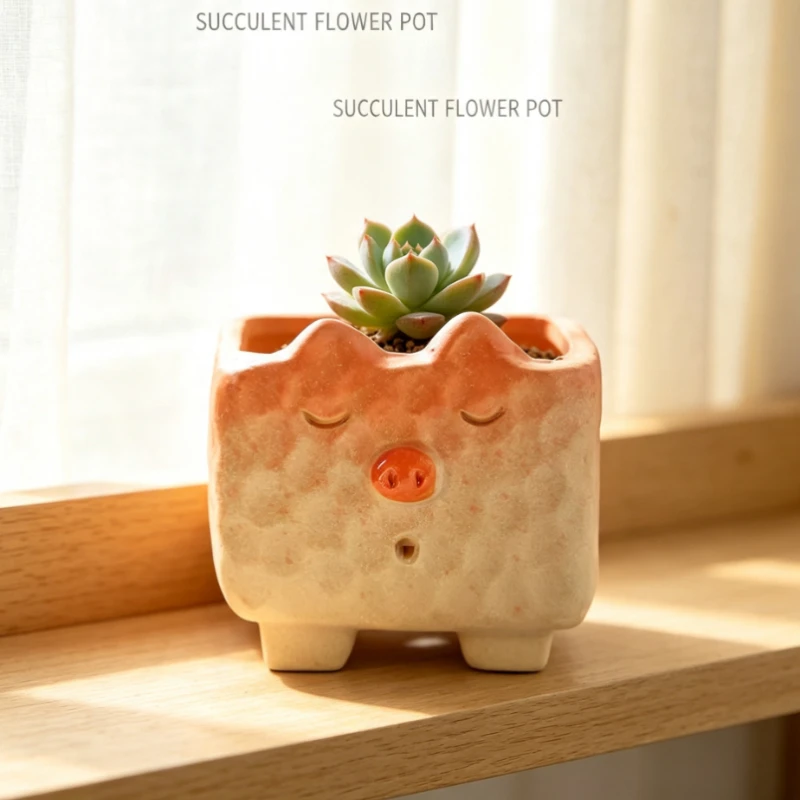 Cute Pig Shaped Ceramic Planter With Matte Finish For Small Succulent Or Cactus Desktop Display
