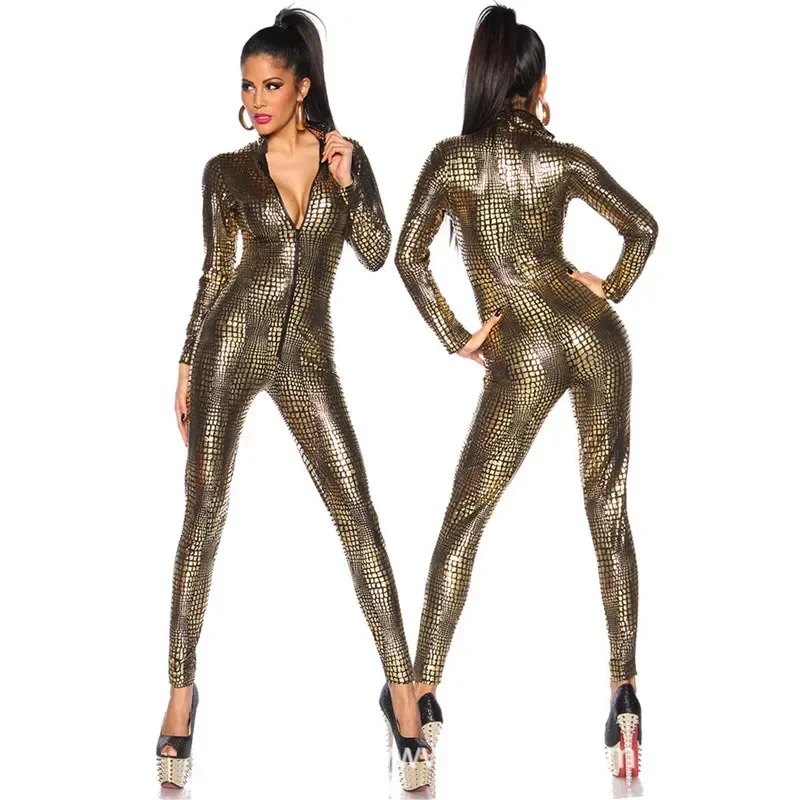 Sexy Snake Print Lingerie Latex PVC Jumpsuit Zentai Costume Women Black Catsuit Pole Dance suit Lady Nightclub erotic Bodysuit