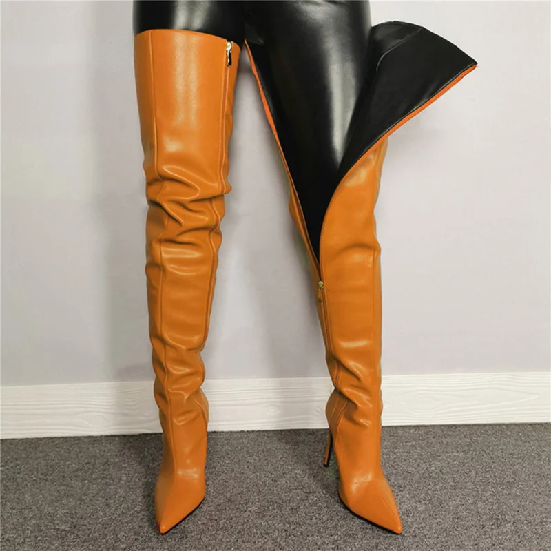 Big Size 40-46 High Heels Women\'s Over-the-knee Boots Pu Leather Stiletto Knee Boots Leg Boots For Girls