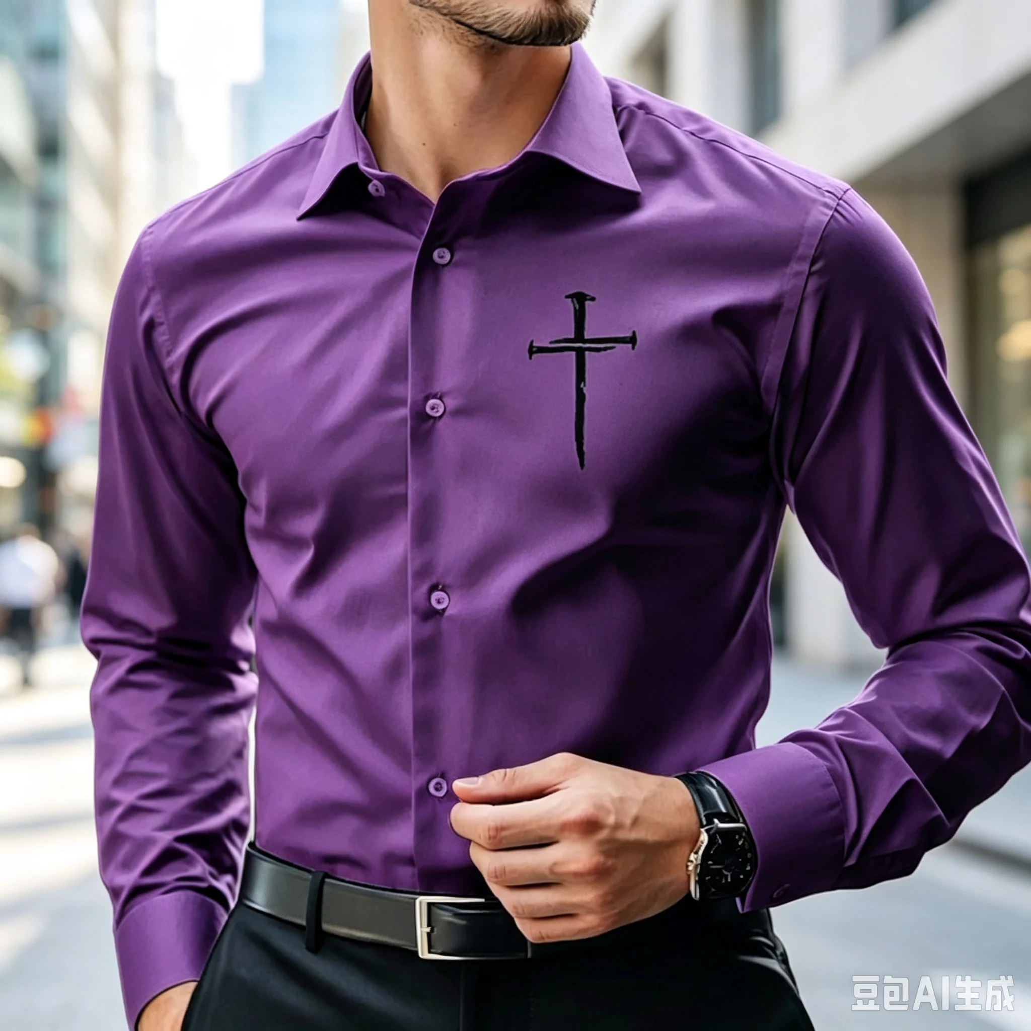 High quality pure cotton men's long sleeved shirt, trendy cross embroidery, slim fit, business casual, versatile for daily use